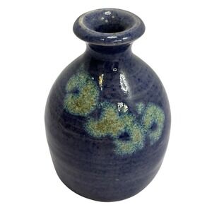 Signed Studio Art Pottery‎ Bud Vase Cobalt Blue Green Glaze Hand Thrown 4"